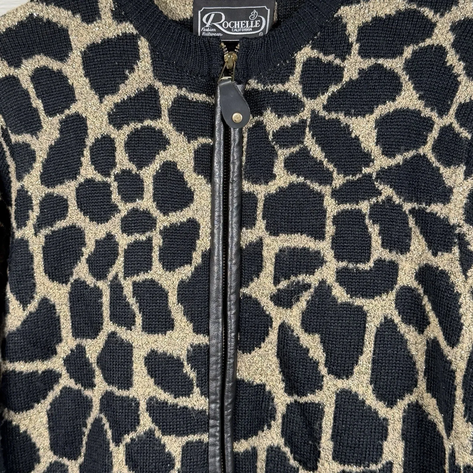 Vintage Rochelle California Cardigan Womens Medium Cheetah Print Black Gold Wool - Image 4
