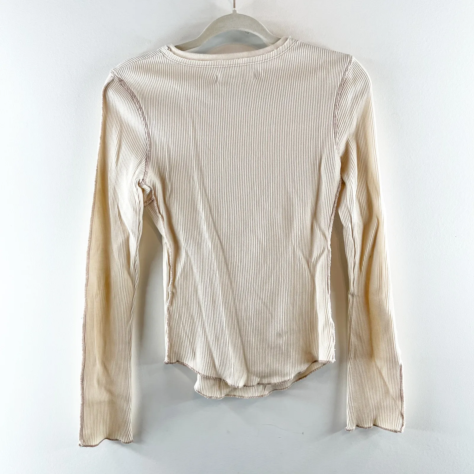 Urban Outfitters Long Sleeve Seamed Thermal Waffle Knit Top Cream Tan Small - Image 3