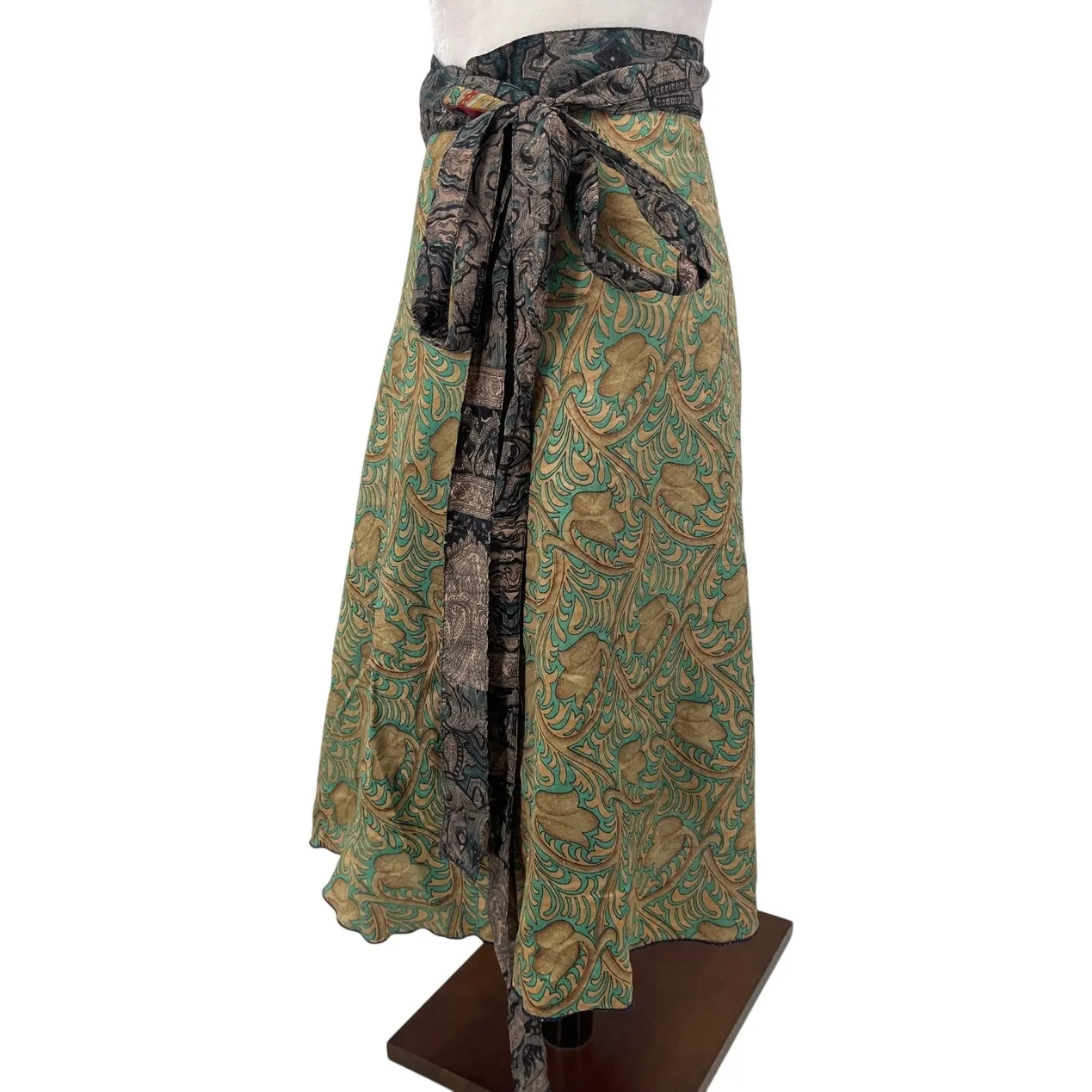 Silk Blend Ethnic Reversible Wrap Skirt OS Festival Hippie Patchwork Boho Y2K - Image 11