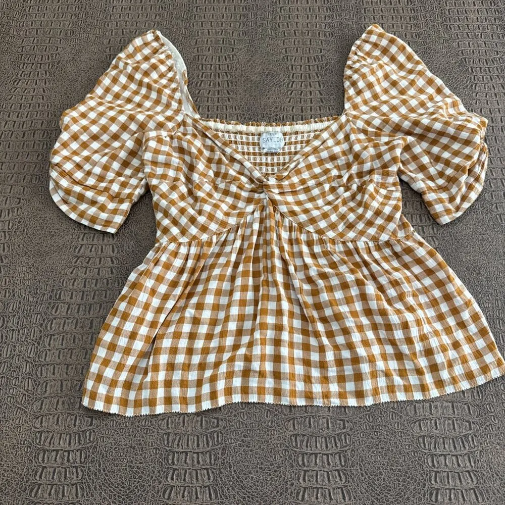 SAYLOR Glenny Gingham Puff Sleeve Top Orange White Size L - Image 3