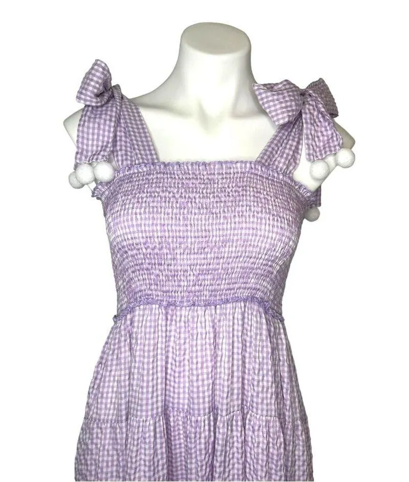 Womens Purple Gingham Tie Shoulder Tiered Maxi Dress Size S Spring Summer Beach - Image 5