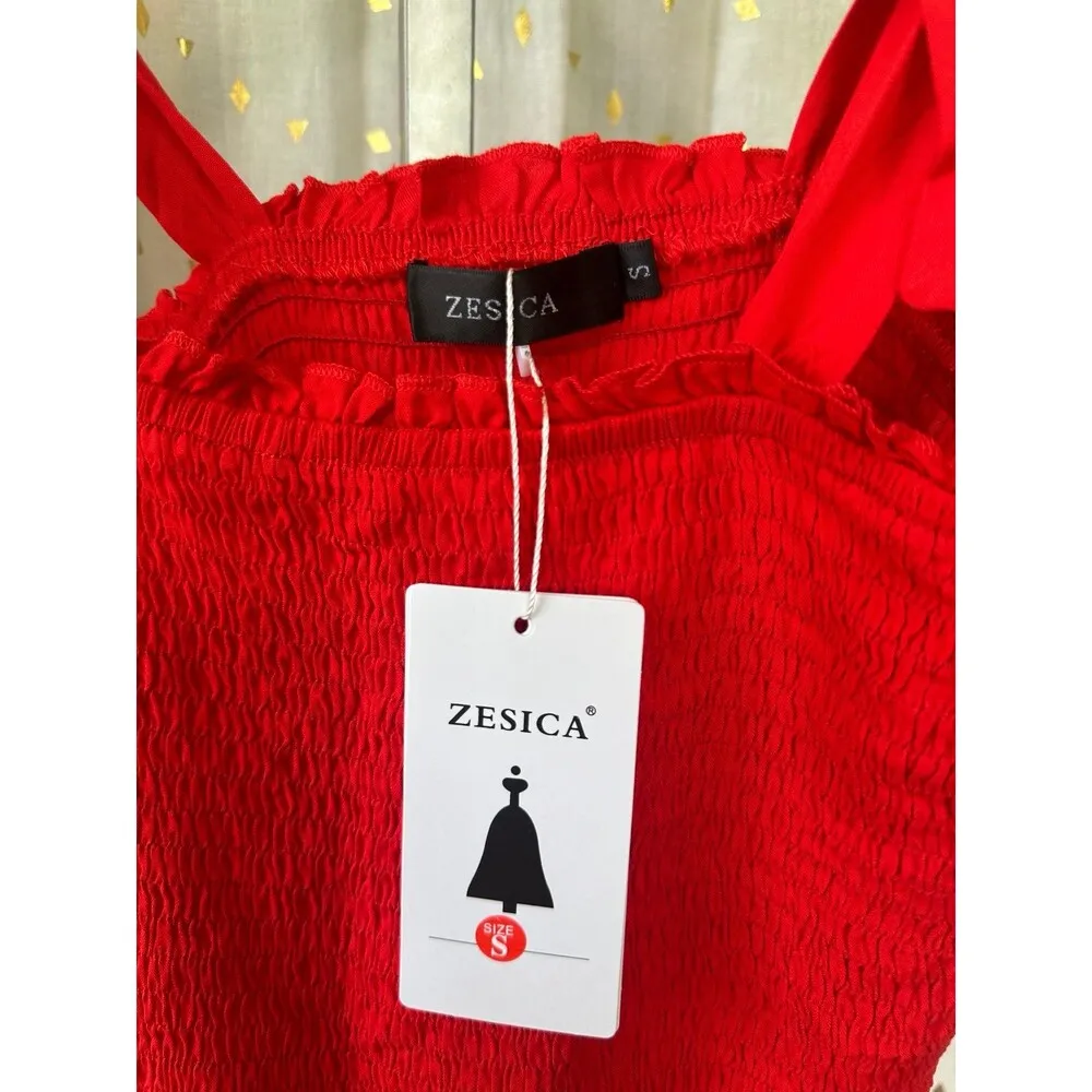 Zesica NWT Smocked Self Tie Straps Ruffle Trim Tiered Swing Mini Dress S Red - Image 5
