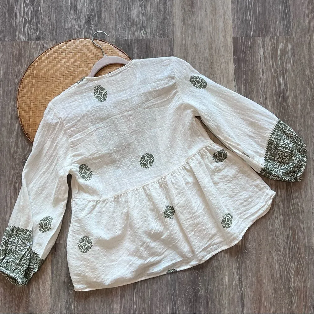 Zara green printed rustic blouse‎ boho women’s size xs - Image 8
