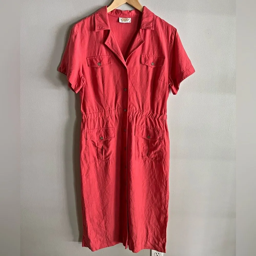 Talbots Linen Blend Shirt-Dress With Pockets Short Sleeve Red Rustic M-L - Image 3