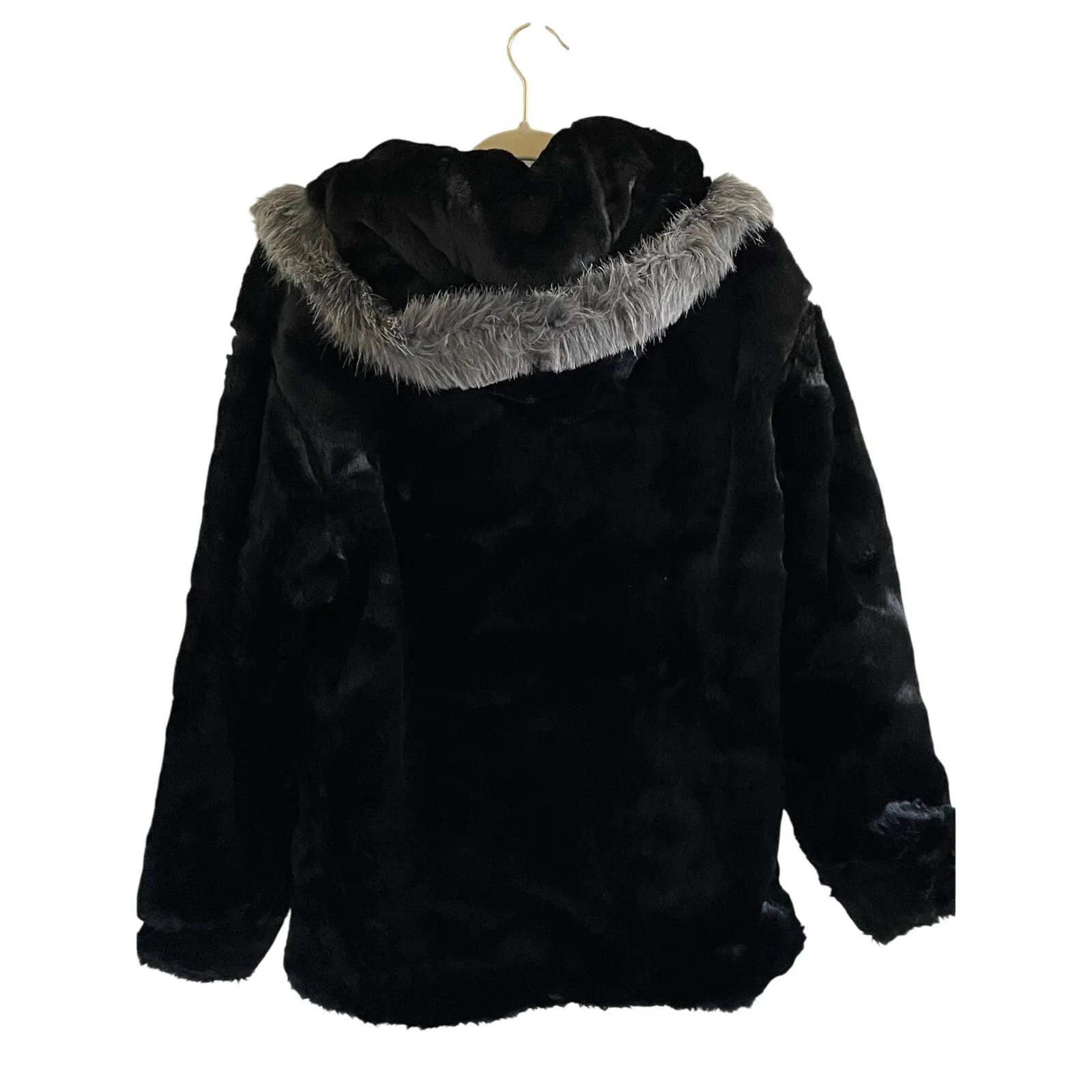 Dennis Basso Faux Fur Hooded Coat Black Gray Trim Luxury Winter Small - Image 6