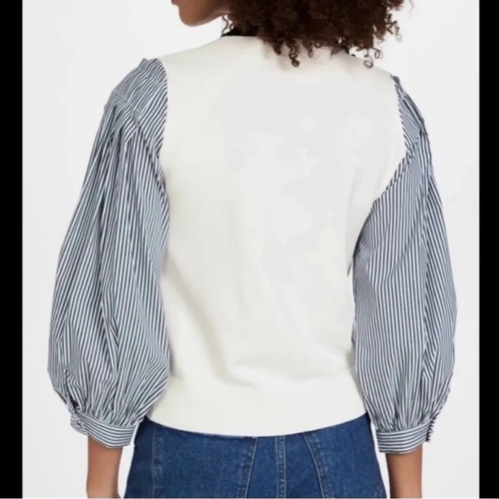 Veronica Beard Roy Mixed Media Sweater Large White Striped Sleeves Coastal Chic - Image 4