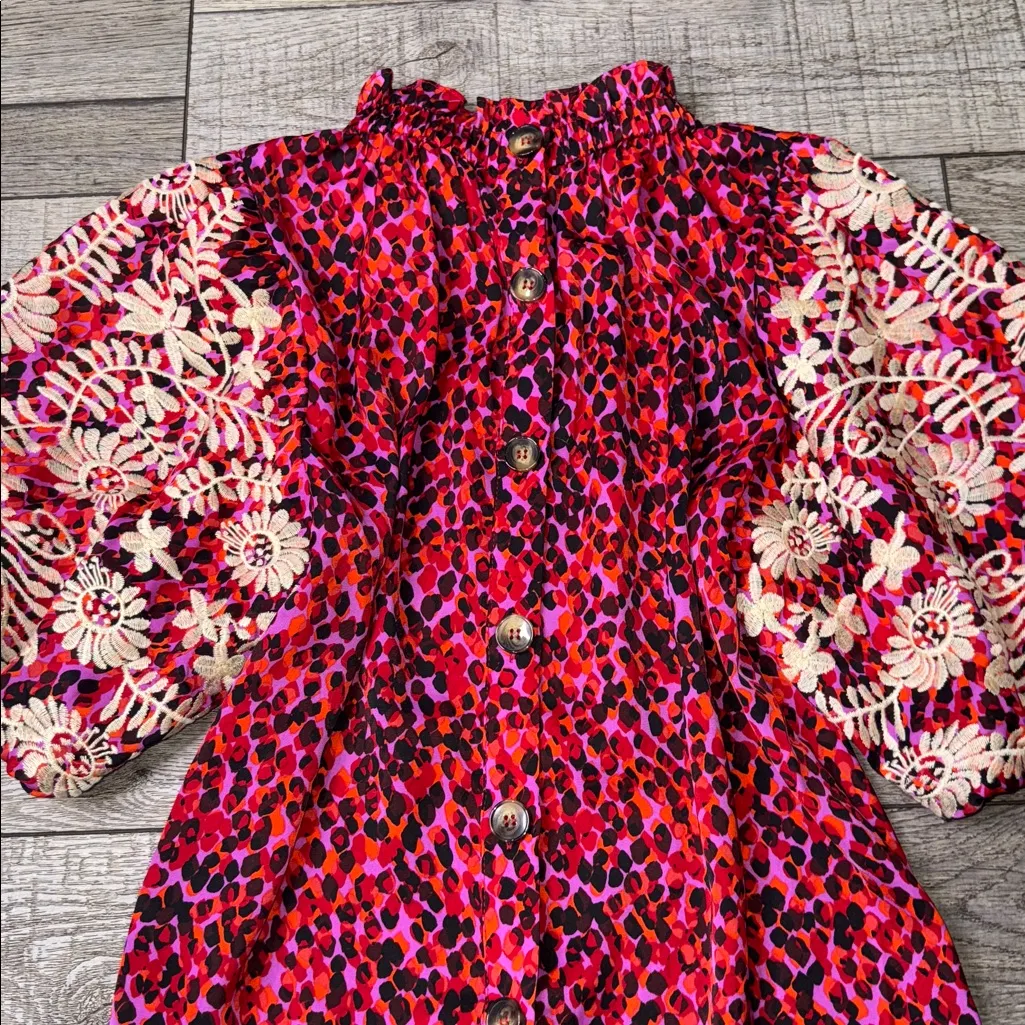 THML Embroidered Puff Sleeves Pink and Cream Patterned Blouse - Image 8