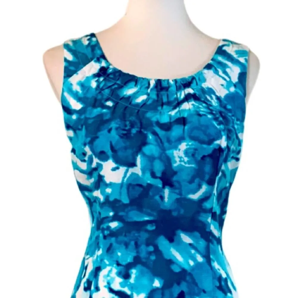 Calvin Klein Linen Sheath Dress Teal White Abstract Print Women's Size 6 - Image 5