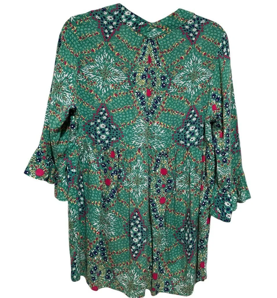 RACHEL ZOE GREEN PRINT TUNIC BOHO BLOUSE TOP MEDIUM M - Image 3