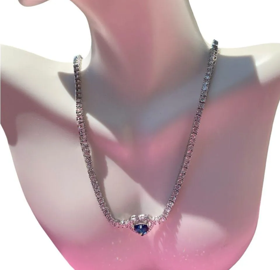 Stella Rose FINE SILVER PLATED diamond paved Tennis necklaces Blue Crystal Heart - Image 2