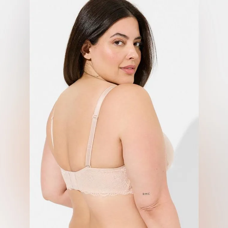 Torrid Curve Plunge Push Up Bra Sz 44B Lace Trim Nude Tan - Image 2