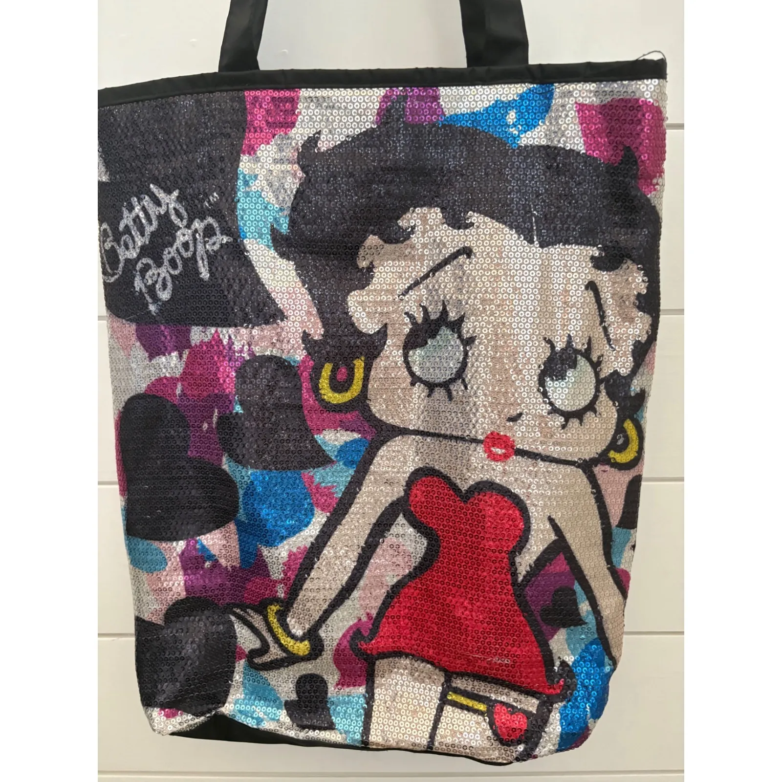 Betty Boop Sequin Tote‎ Bag Shopper Purse Black Hearts Cartoon Graphic - Image 2