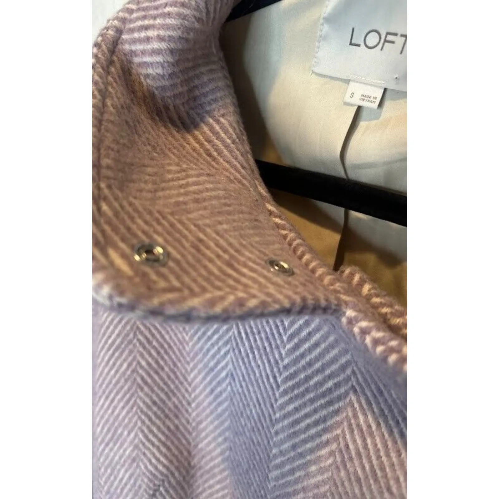 LOFT Lilac Wool Blend Pea Coat Jacket Herringbone Asymmetric Zip Pockets Small - Image 6