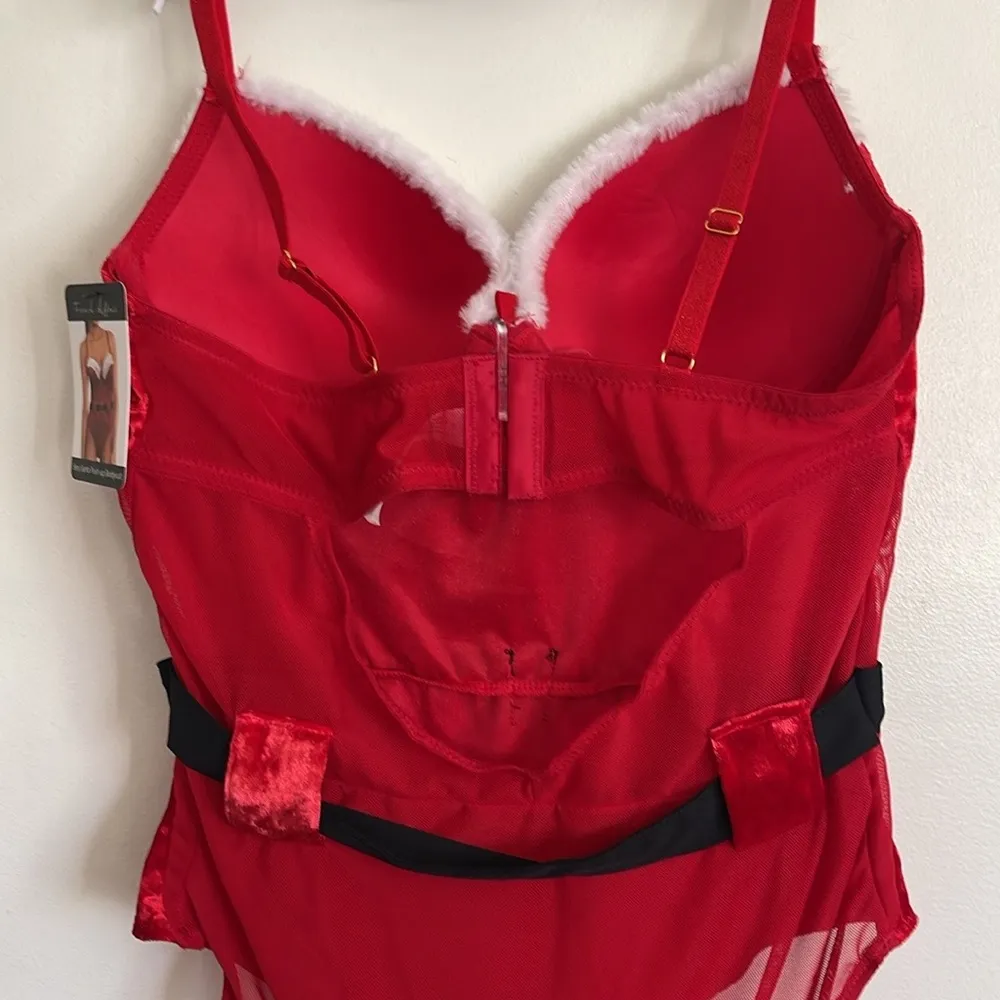 French Affair Santa Christmas Cosplay Red Velvet Mesh Push-Up Lingerie Bodysuit - Image 6