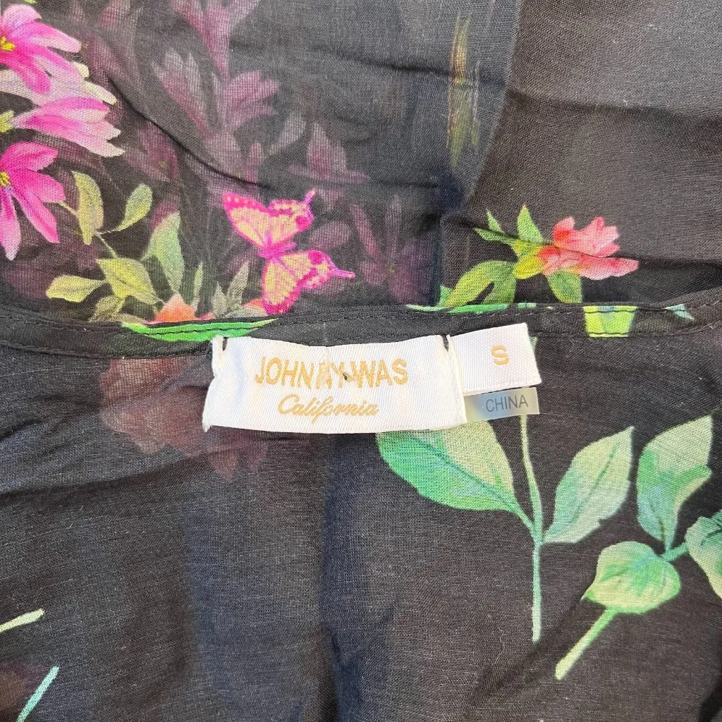 NWOT Johnny Was Black Butterfly Floral Silk Blend KIMONO Cover Up Front Tie Sz S - Image 9