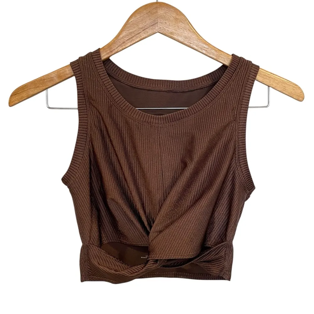 Aerie Offline Ribbed Shine Twist Front Sports Bra In Relic Brown Small - Image 3