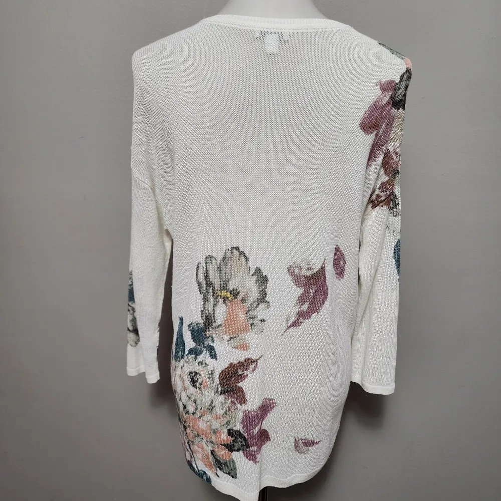 J. Jill White Floral Linen Blend Vneck Vented Long Sleeve Sweater Size Small - Image 5