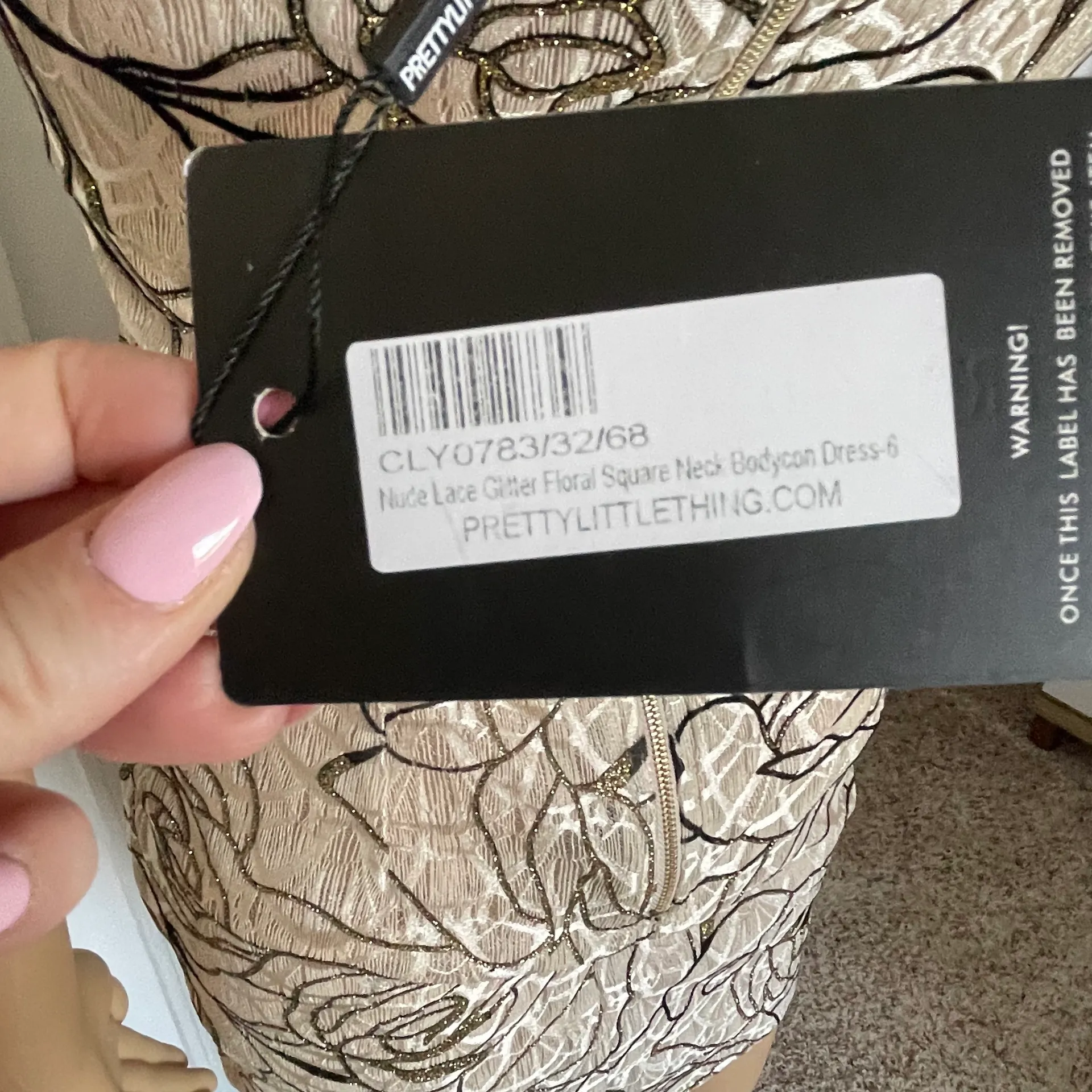 NWT Pretty Little Thing Gold Glitter Nude Square Neck Bodycon Mini Dress size 2 - Image 7