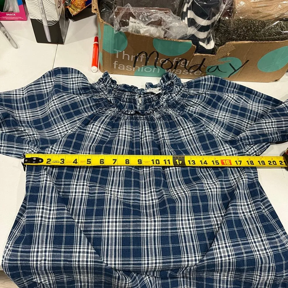 JCrew Factory Blue Plaid smocked ruffleneck top Women’s Size Small 100% Cotton - Image 7