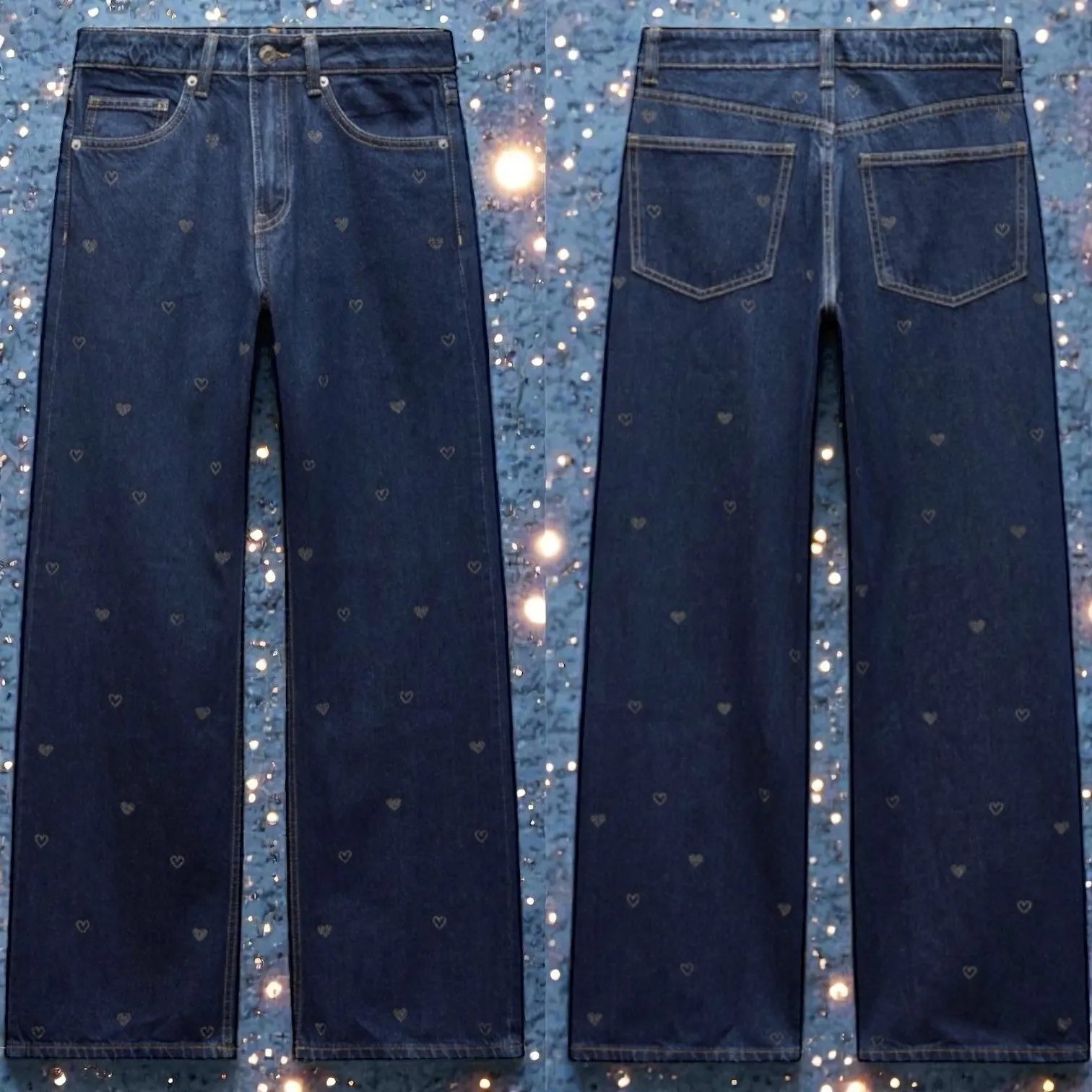 Zara TRF Denim Navy Wide Leg Rhinestone Heart Mid Waist Jeans Valentine's 6 - Image 2