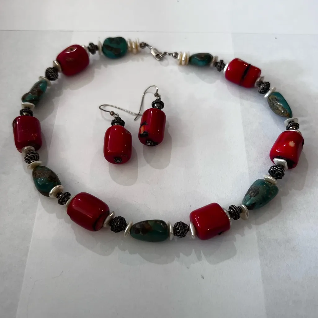 Coral & Turquoise Necklace & Earring Set Red - Image 2