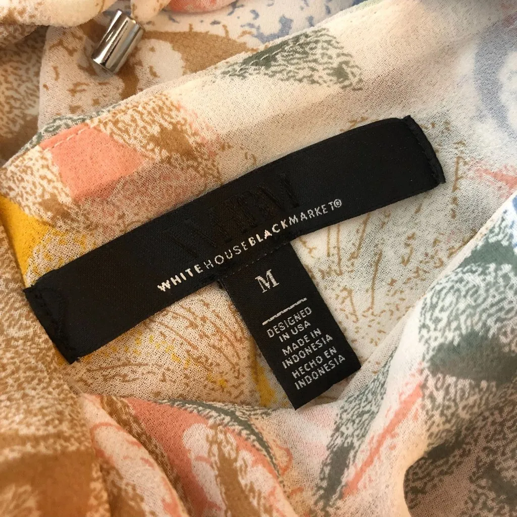 White House Black Market Womens Blouse Top Ruffle Low Back Floral Ivory Blue M - Image 3