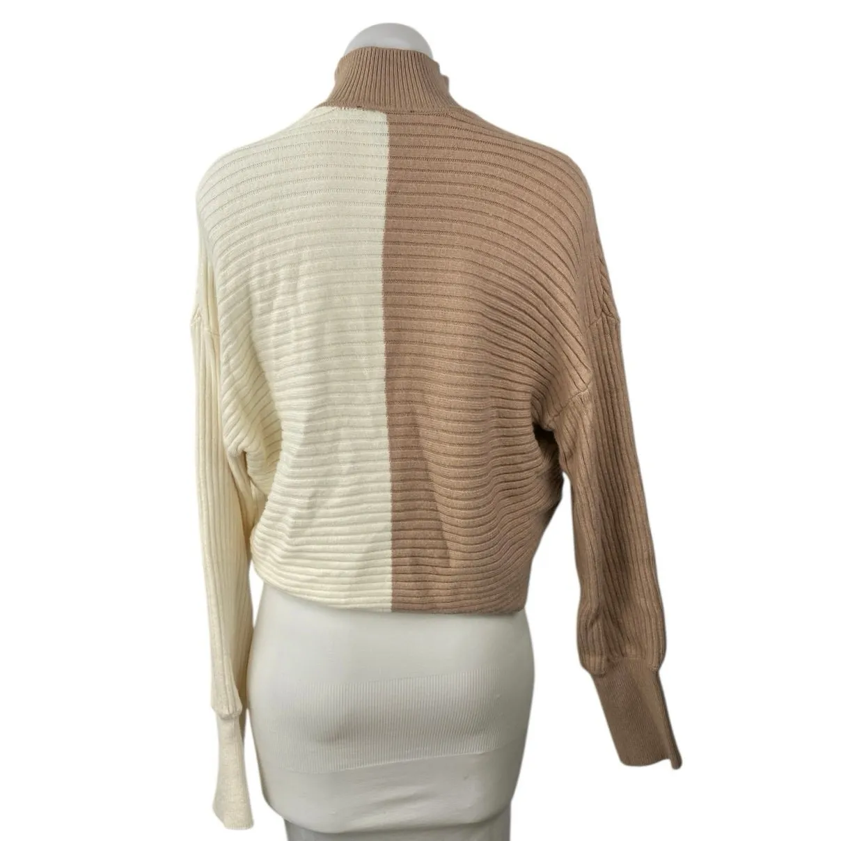 Express Brown Cream Colorblock Turtleneck Long Sleeve Crop Wrap Sweater Top Sz S - Image 3