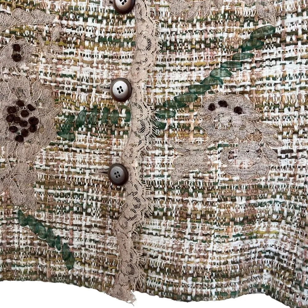 Vintage Rickie Freeman Teri Jon Beige Green Tweed Lace Trim 2 Piece Skirt Set 12 White - Image 5