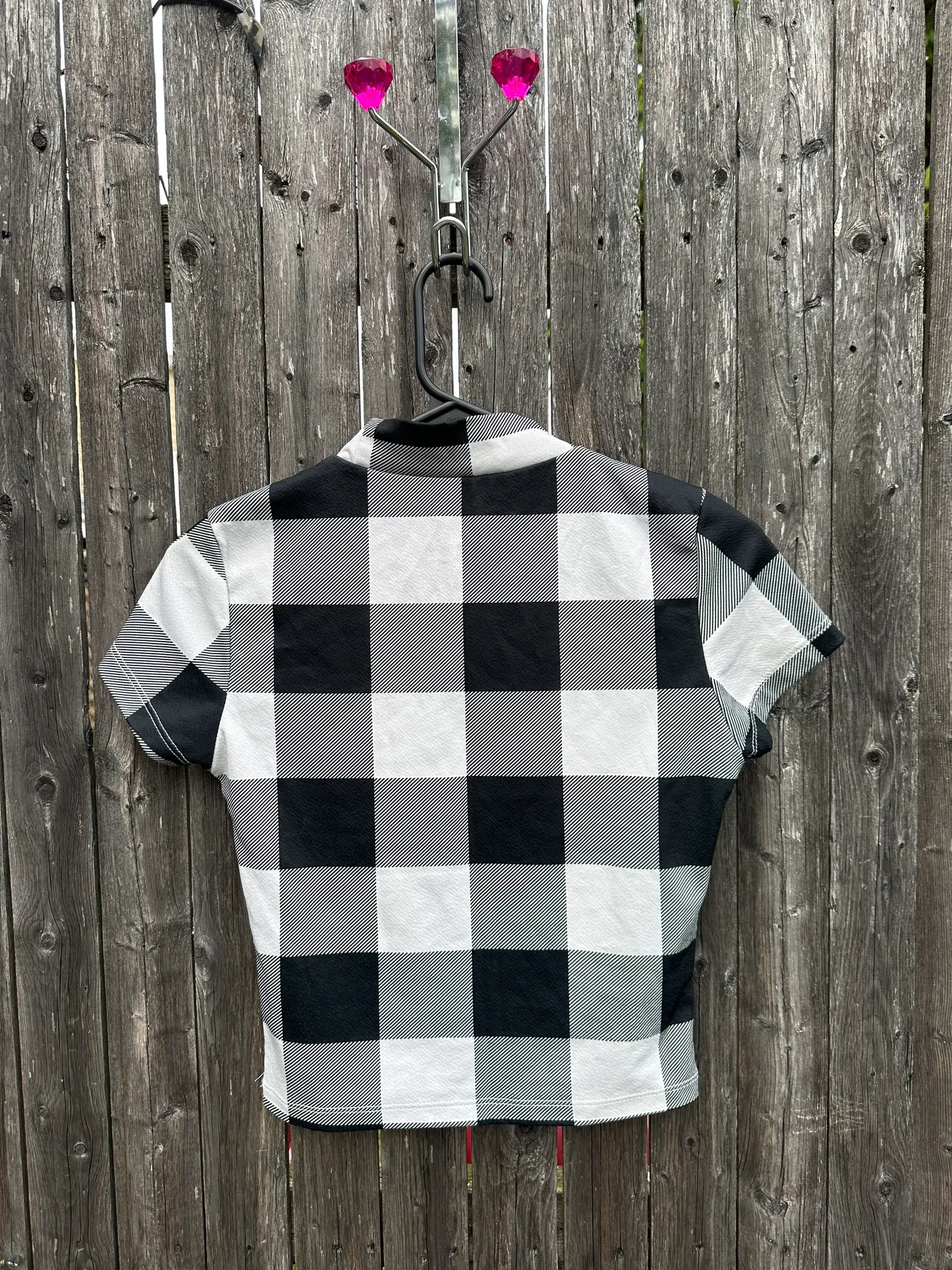 Buffalo Plaid Mock Neck Short Sleeve Crop Top in Black/White - Size Small - Image 4