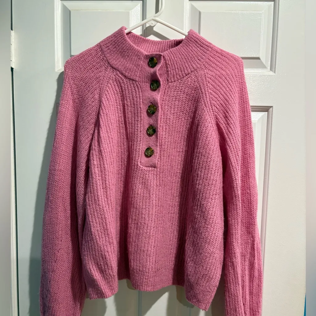 Marine Layer Dream Yarn Half Placket Sweater pink alpaca blend L - Image 2