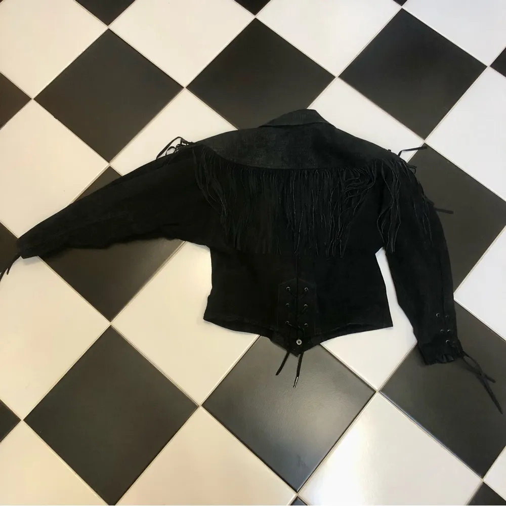 Vintage 80s Winlit Fringe Suede Cropped Jacket Leather Rocker Chick Cowgirl sz M Black Size M - Image 7
