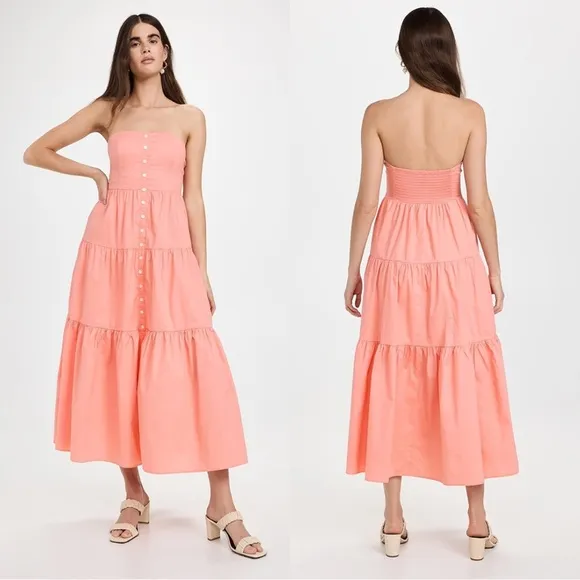 STAUD Elroy Strapless Midi Dress Grapefruit Coral Button Front Small Pink - Image 2