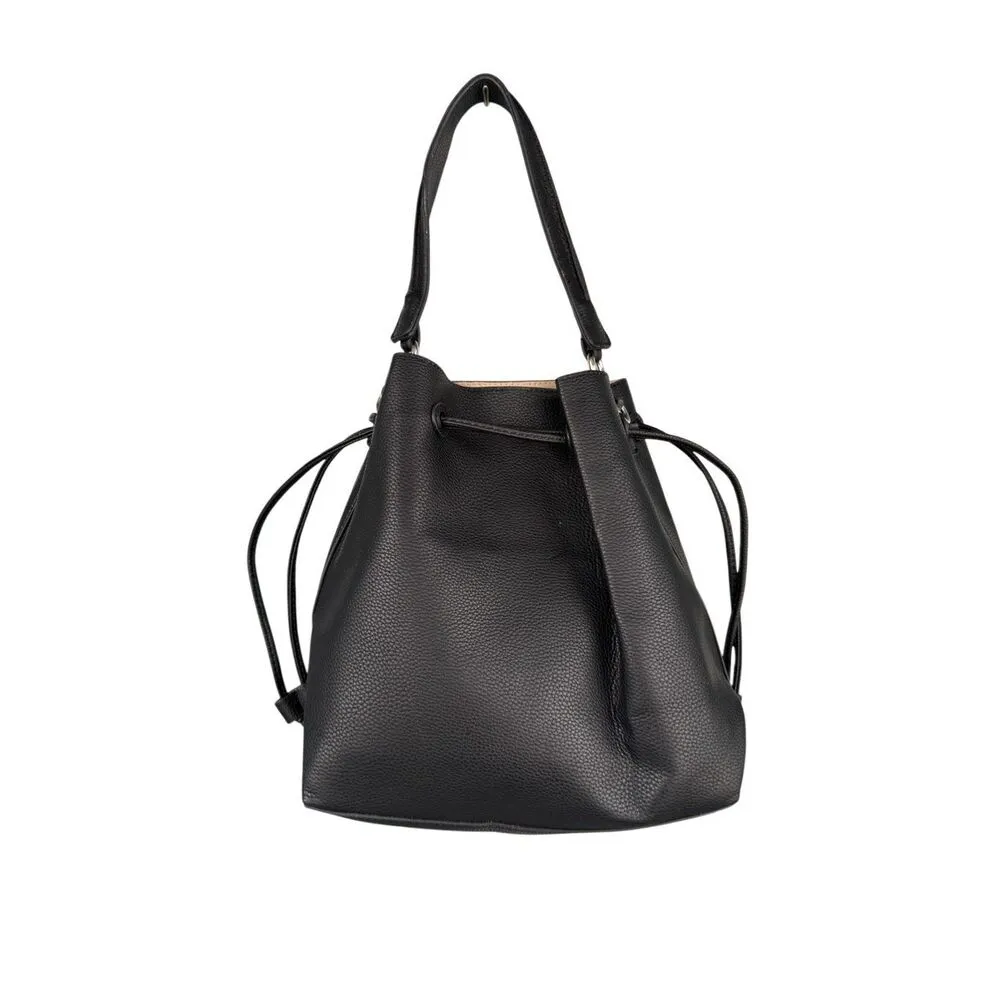 Pebbled Vegan Leather Drawstring‎ Detachable Strap Bucket Bag Black - Image 3