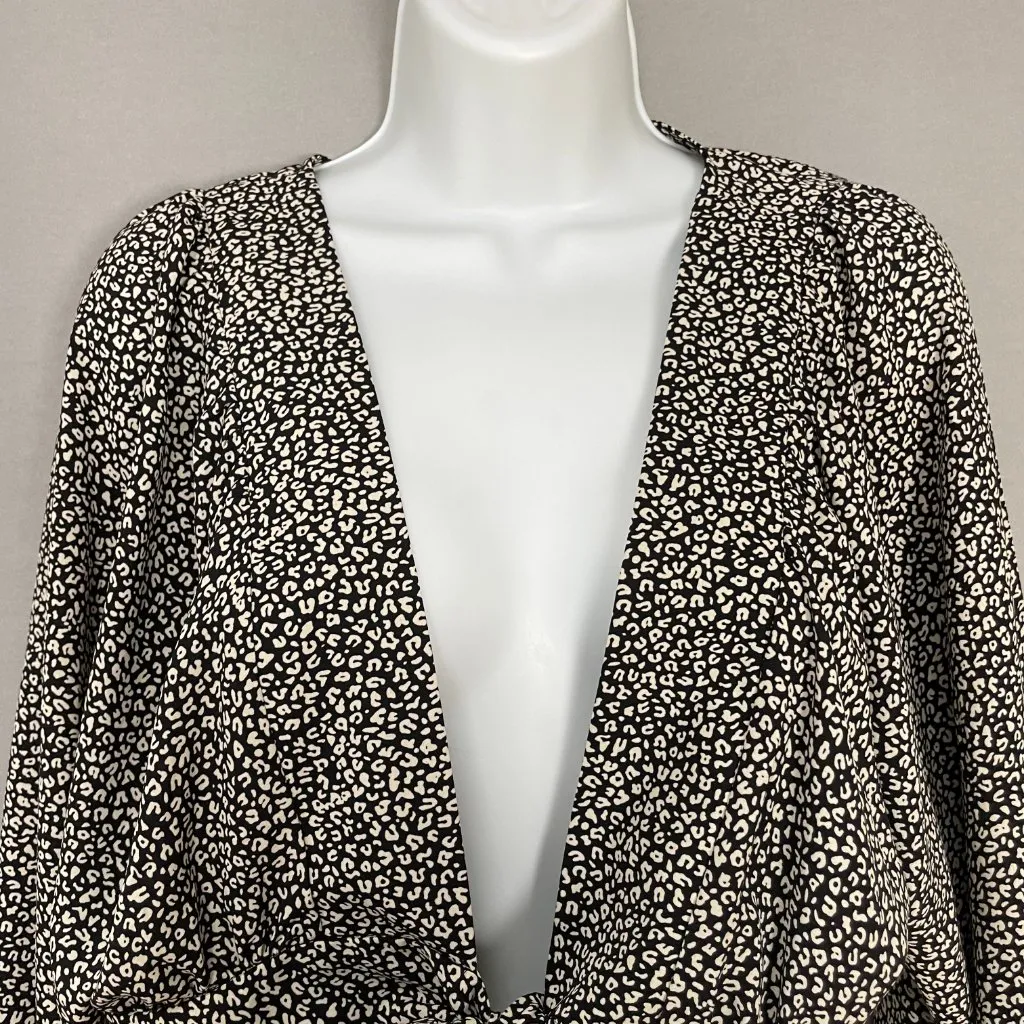 Princess Polly New Mood Top Tie Front Deep V Size 8 Animal Print‎ Balloon Sleeve - Image 7