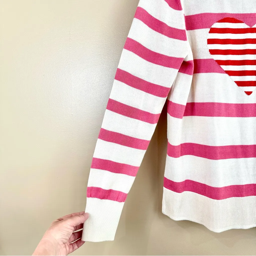 Time and Tru Pink Cream & Red Knit Heart Striped Long Sleeve Sweater Medium - Image 6