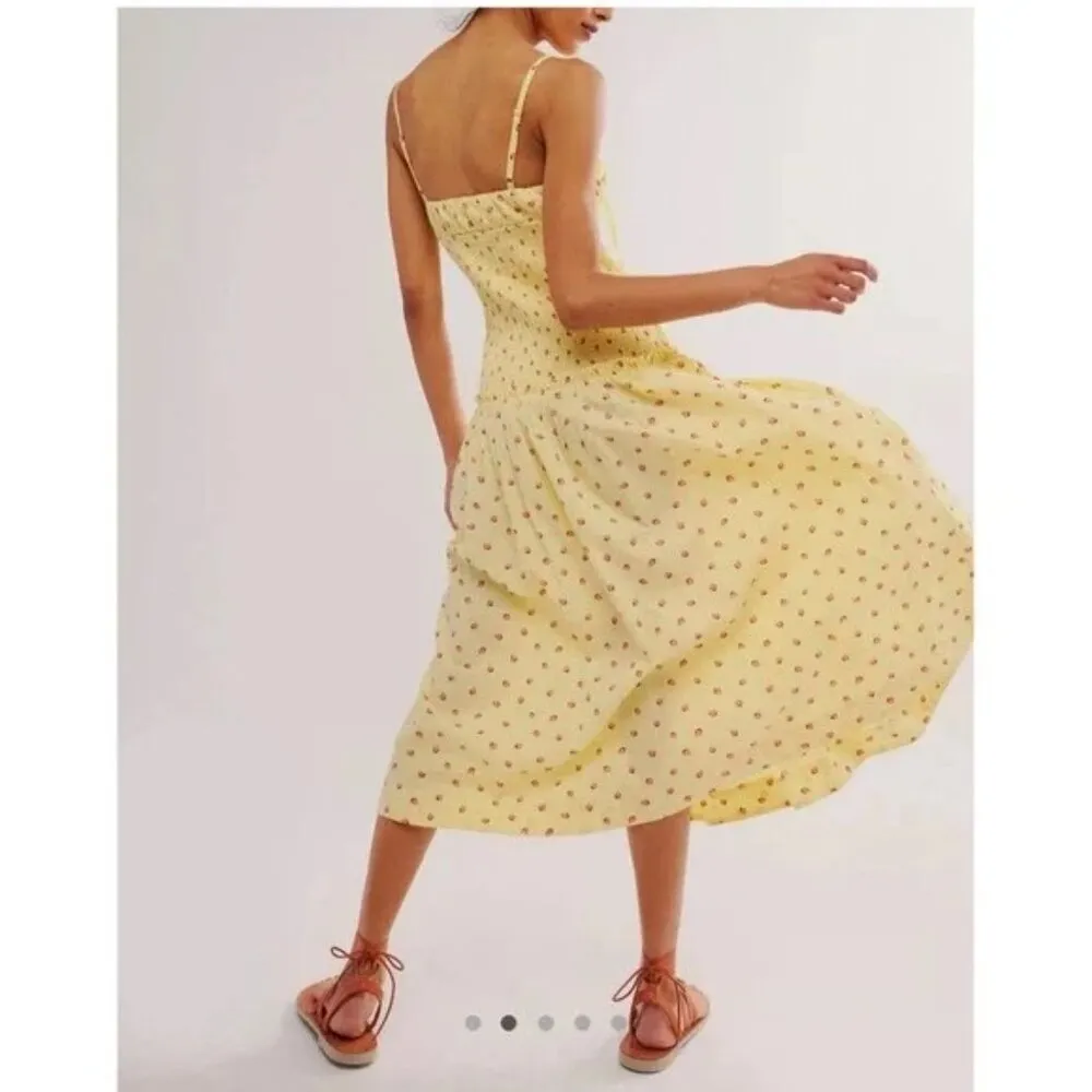NEW FREE PEOPLE STRAWBERRY LEMON COMBO LAVENDER DAZE SMOCKED MIDI DRESS Sz Small - Image 2