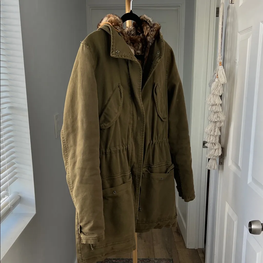Zara Olive Green Fur Lined Thick Warm Military Parka Size Small - Image 3
