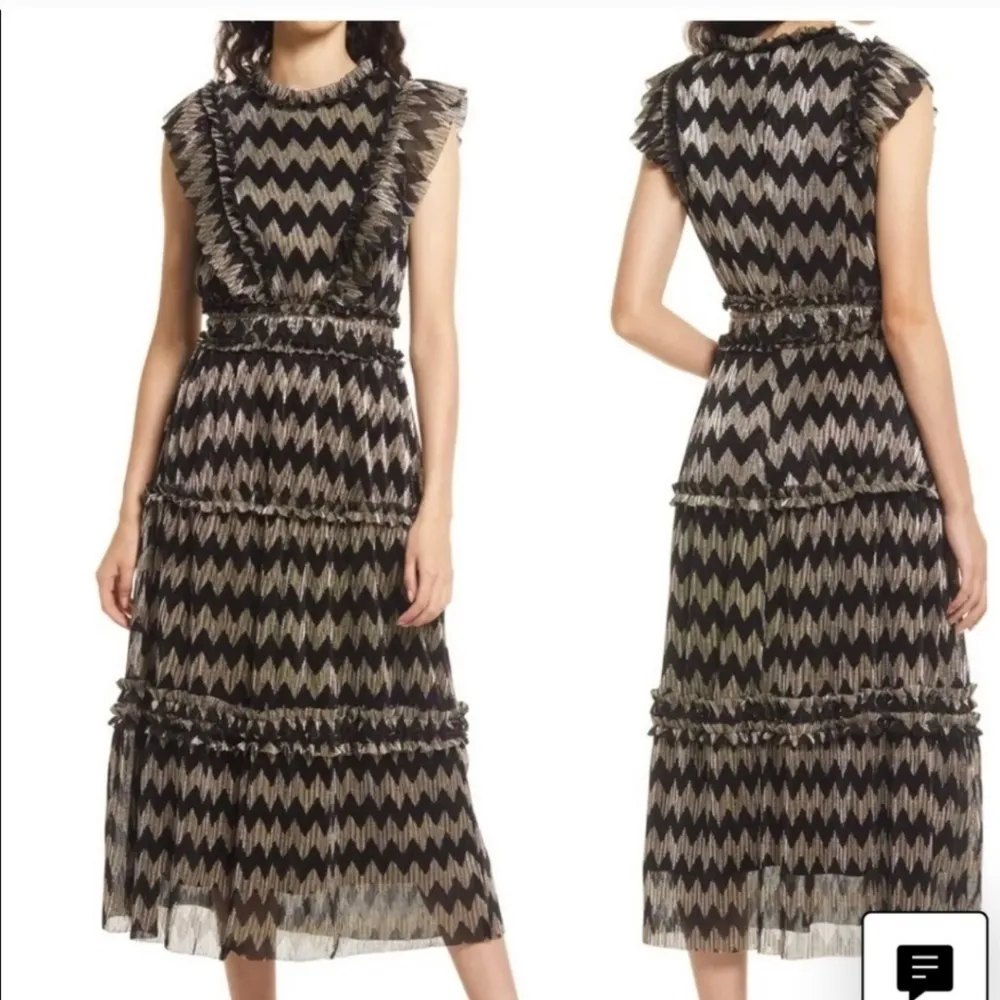 Adelyn Rae agatha metallic pleated midi tier ruffle Cap Sleece black gold Dress - Image 2