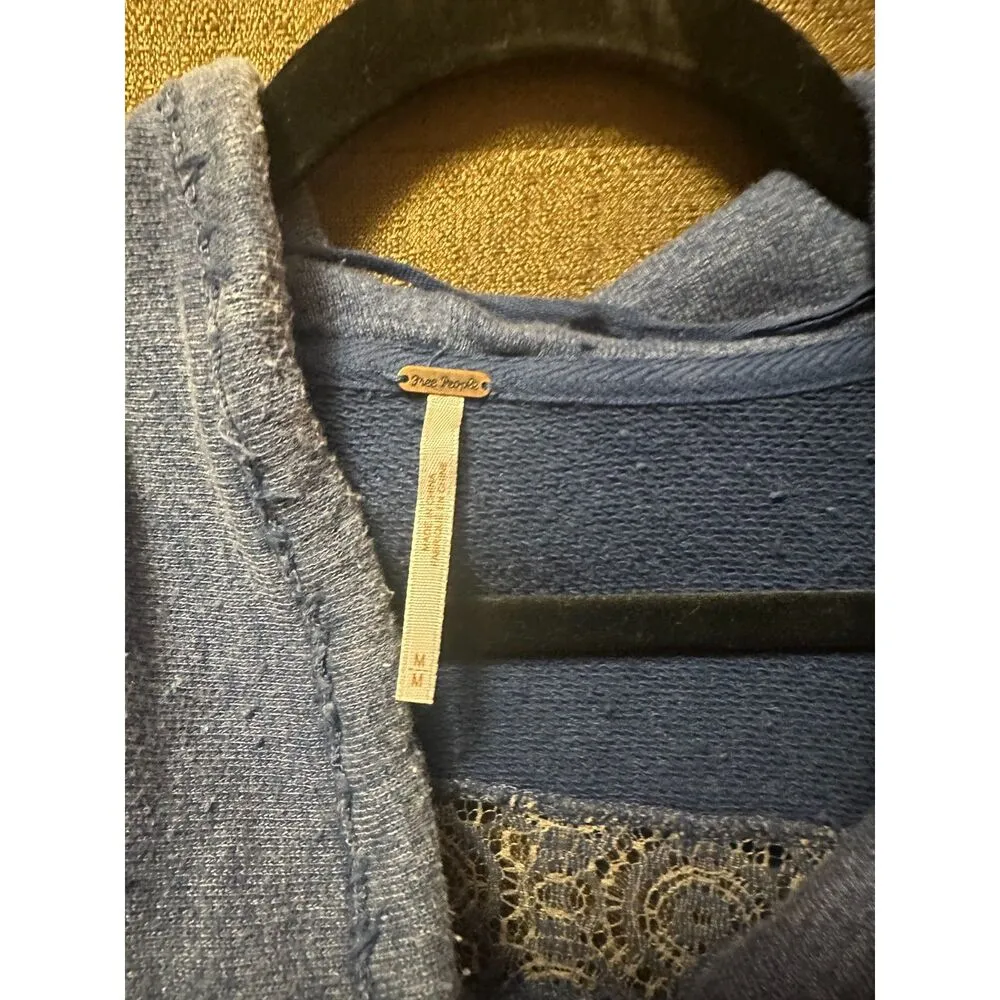 NWT Free People Crochet-Lace French Terry Poncho Distressed Size Medium Blue - Image 2