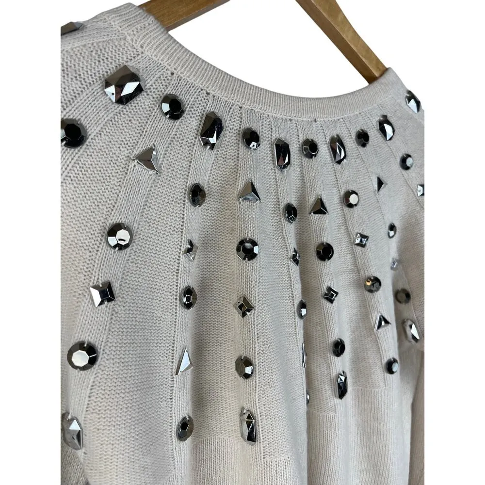 BCBGMaxAzria Runway Miri Beaded Cashmere Blend Pullover French Cream Size Medium - Image 9