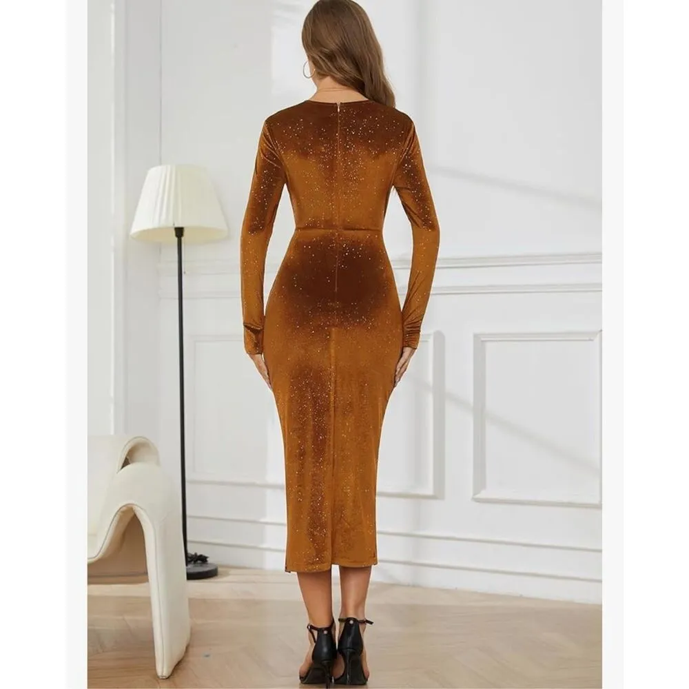 NEW VNeck Long Sleeve Velvet Bodycon Midi Glitter Ruched Formal Dress L Orange Size L - Image 2