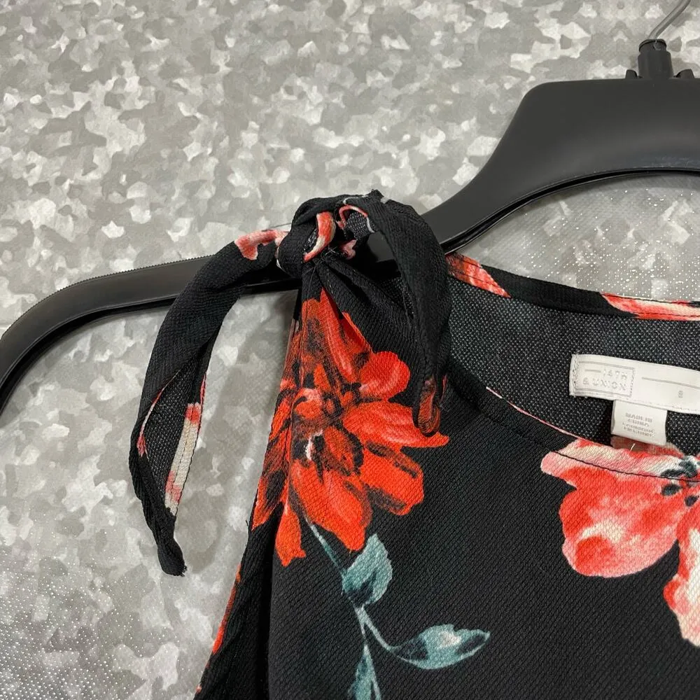 14th & Union Black & Pink Floral Sleeveless Blouse - Size 8 - Shoulder Tie Top - Image 4