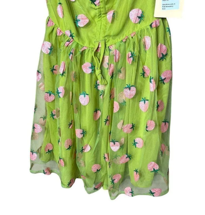 Unique Vintage Smak Parlour Avocado & Pink Strawberry Print Woodstock Flare Dres - Image 3