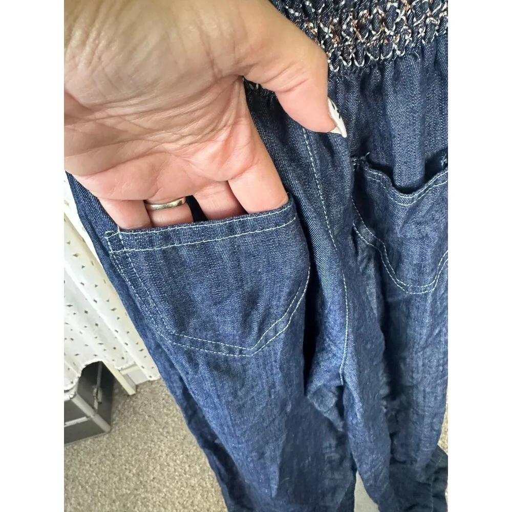 Body Central NWOT 100% Cotton Chambray Smock Strapless Wide Leg Jumpsuit L - Image 8