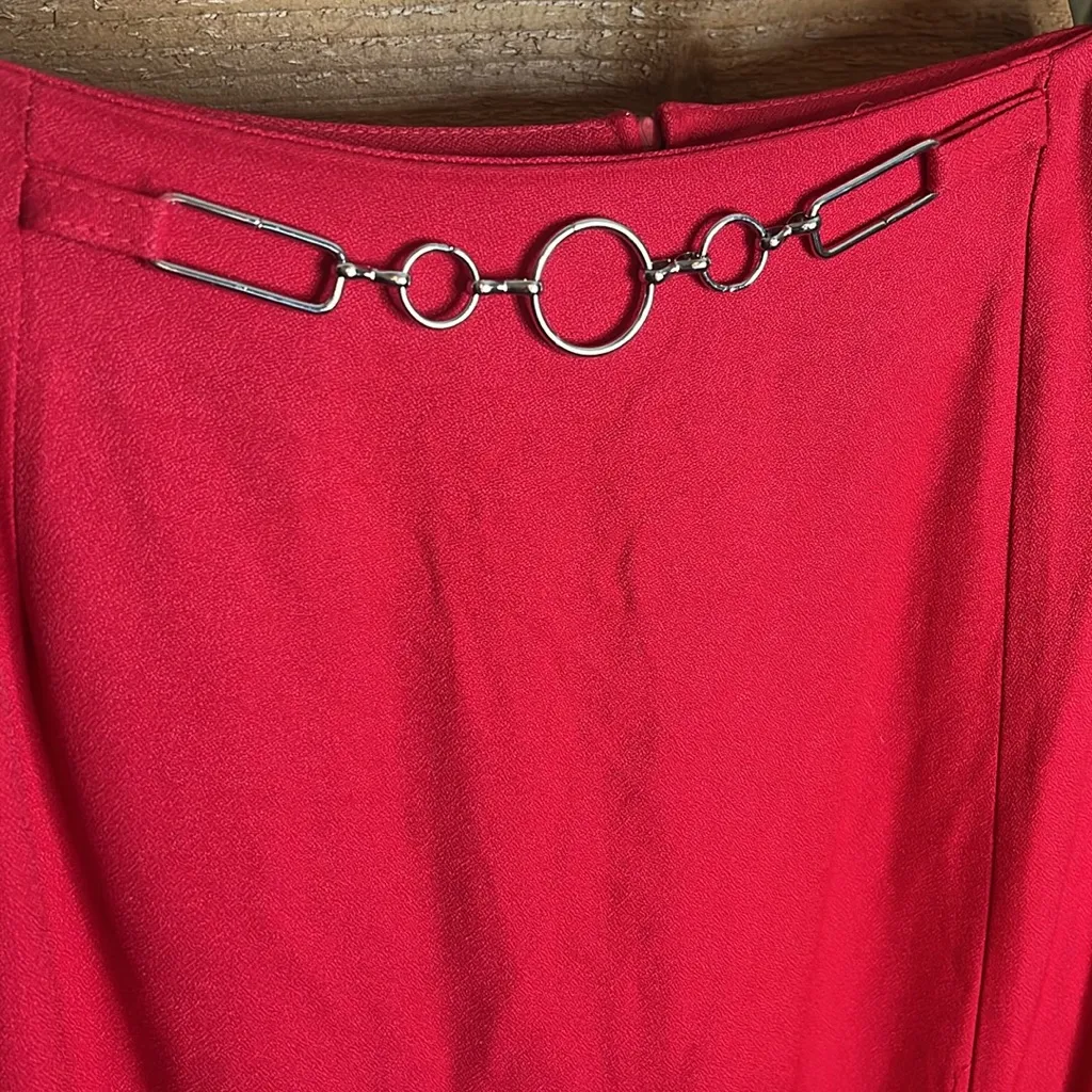 Vintage String Bean 80s Pencil Maxi Skirt Geometric Chain Belt Office Red Size 26 - Image 3