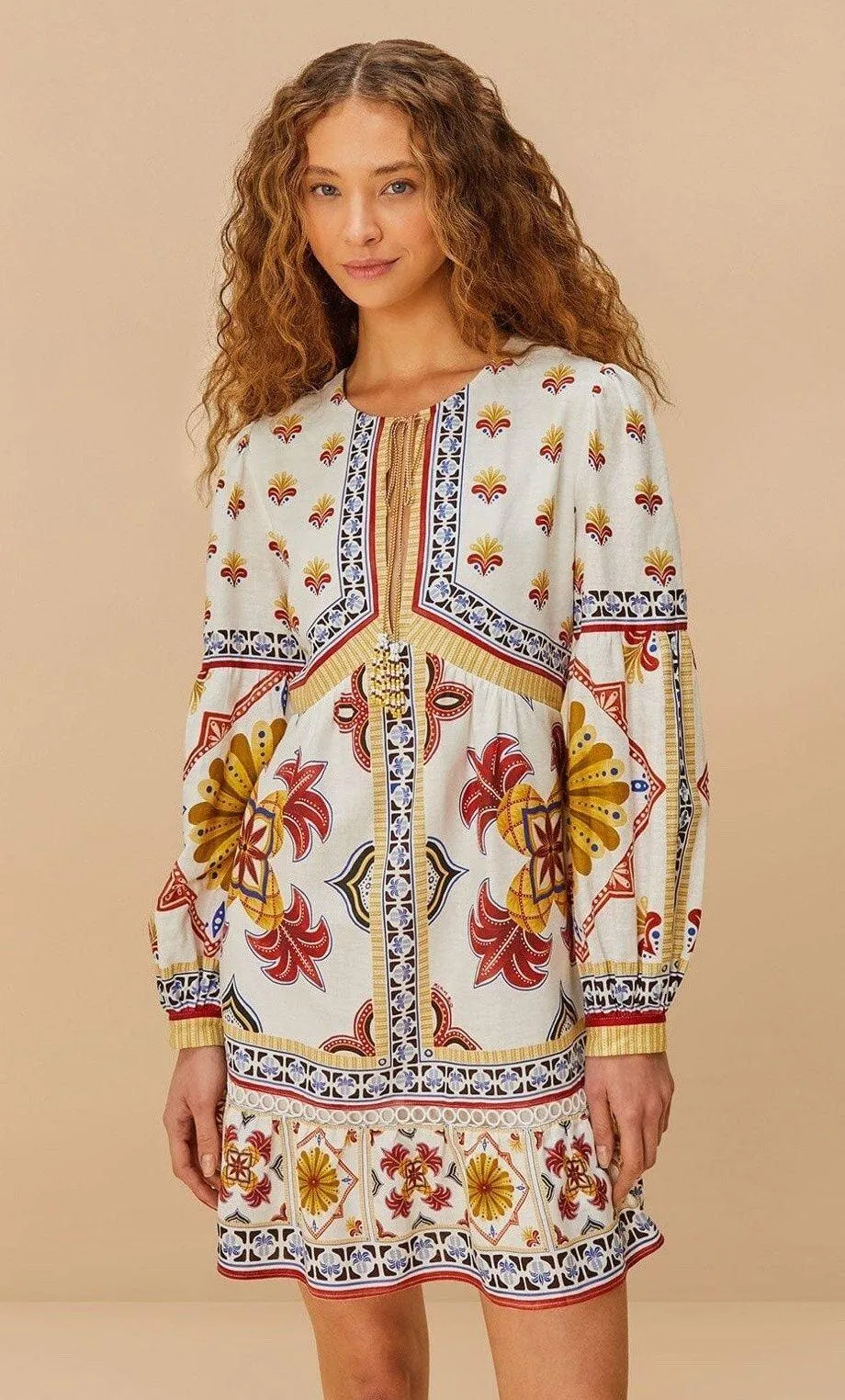 NWT FARM RIO Off-White Marys Tiles Linen Mini Dress Medium Tropical Resort Beach - Image 1