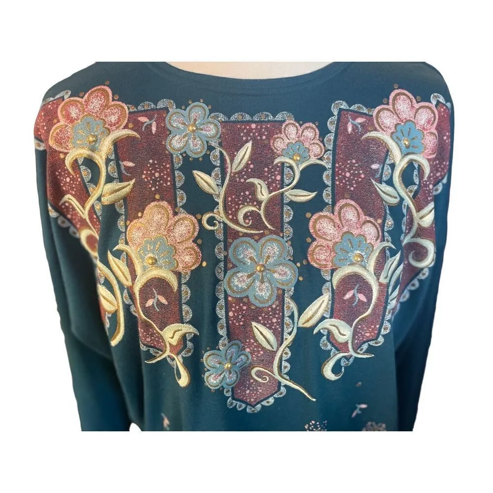 Sassy Sports Women's Vintage Teal Green Gold Floral Long Sleeve Crewneck Sweatsh Size XL - Image 3