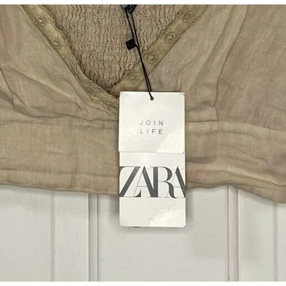 Zara Lace V Neck Cropped Top 100% Linen Women’s Size Small Beige Ruffle Sleeve - Image 6