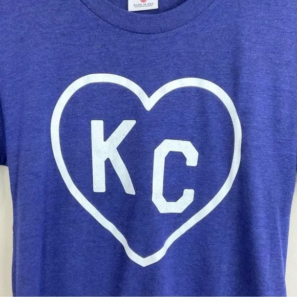 Charlie Hustle Blue KC Tee Shirt Heart Ladies Sz XS Slim Kansas City Local New - Image 3