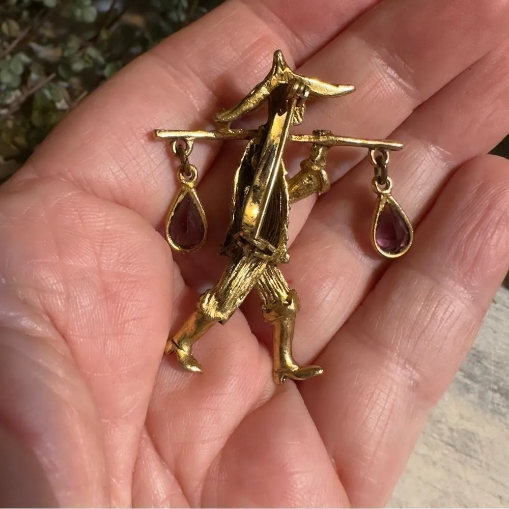 Vintage Asian Water Carrier Gold Brooch With Rhinestones and Amethyst Crystal - Image 5